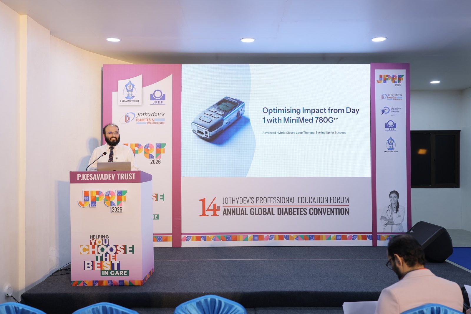 Dr. Khizer Hussain Junaidy presenting Optimising Impact from Day 1 with MiniMed 780G at the 14th Jothydev's Professional Education Forum Annual Global Diabetes Convention, Trivandrum.